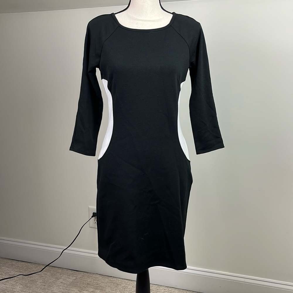 Laundry by Shelli Segal Women’s Size 6 Black White Sheath Midi Dress 3/4 Sleeve